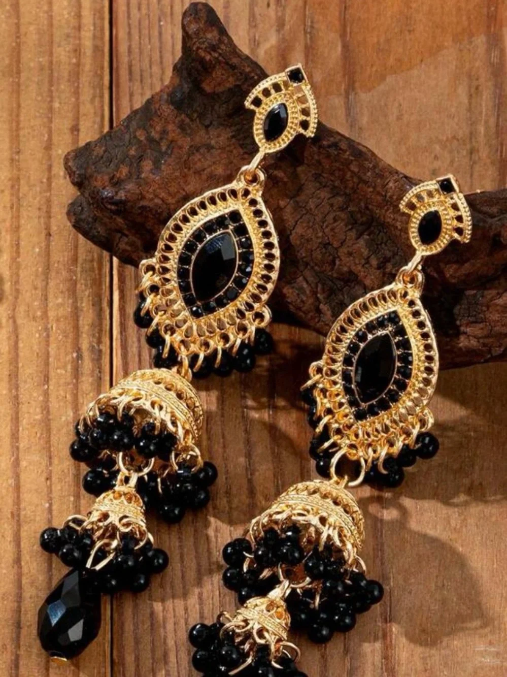 Gold and Black Jhumka Earrings - Elegant Women's Drop Jewelry